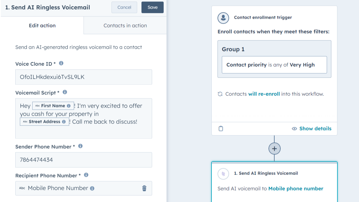 Setting up the AI Ringless Voicemail action inside a Workflow